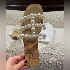 Zara Pearl Embellished Sandals - Cream and Tan